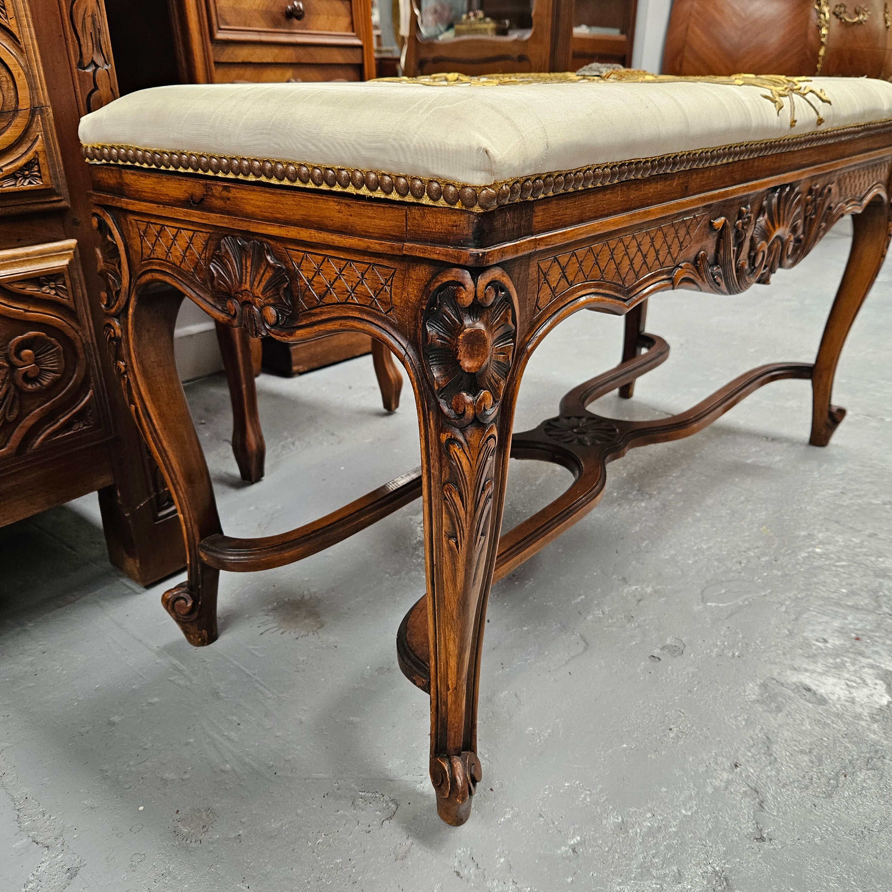 French Walnut Louis XV Style Piano Stool With Beautiful Gold Embossed Upholstery | Antique & Vintage | Moonee Ponds Antiques | Australia Wide Delivery