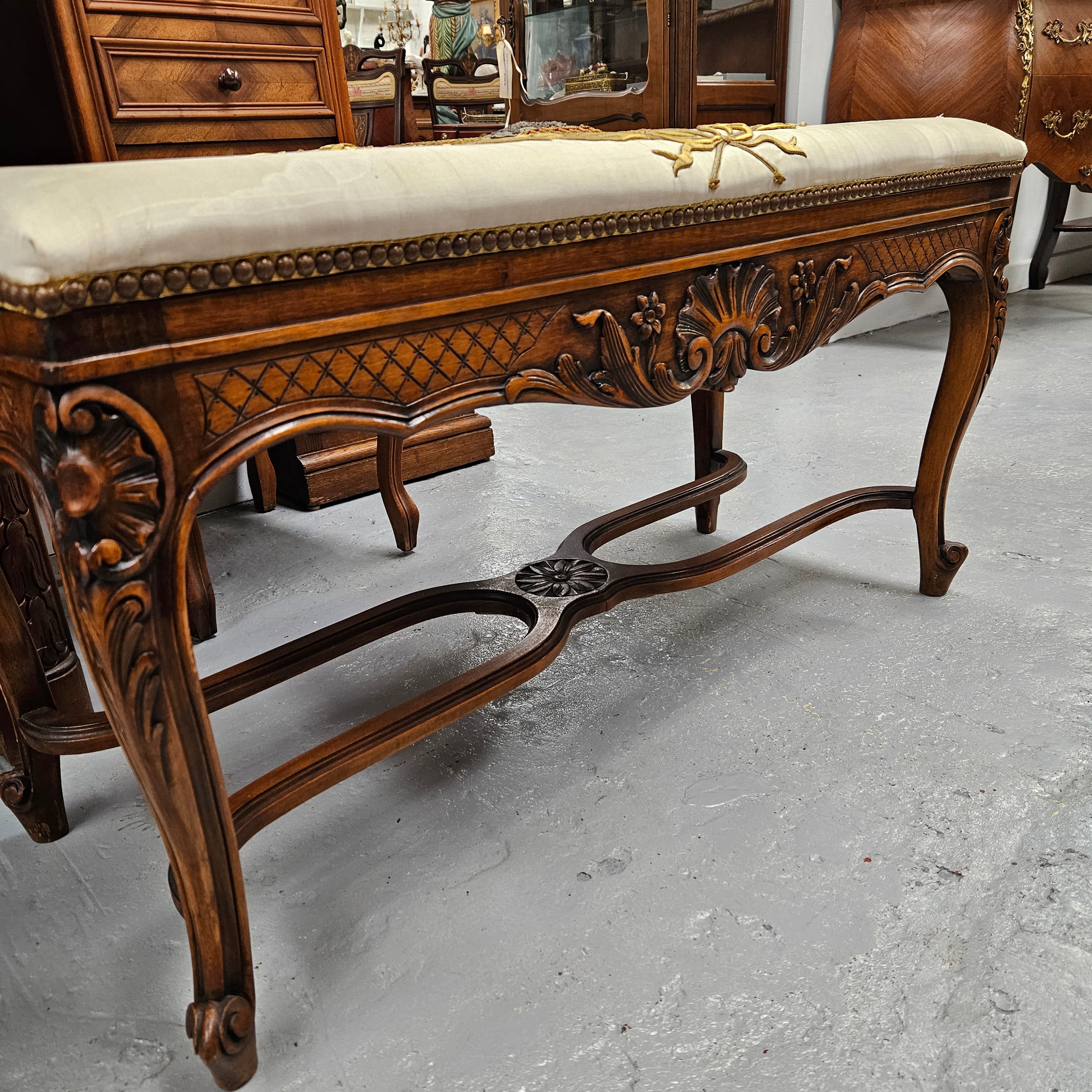 French Walnut Louis XV Style Piano Stool With Beautiful Gold Embossed Upholstery | Antique & Vintage | Moonee Ponds Antiques | Australia Wide Delivery