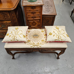French Walnut Louis XV Style Piano Stool With Beautiful Gold Embossed Upholstery | Antique & Vintage | Moonee Ponds Antiques | Australia Wide Delivery