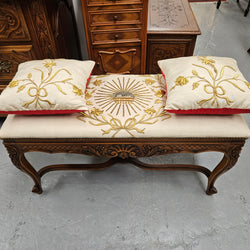 French Walnut Louis XV Style Piano Stool With Beautiful Gold Embossed Upholstery | Antique & Vintage | Moonee Ponds Antiques | Australia Wide Delivery