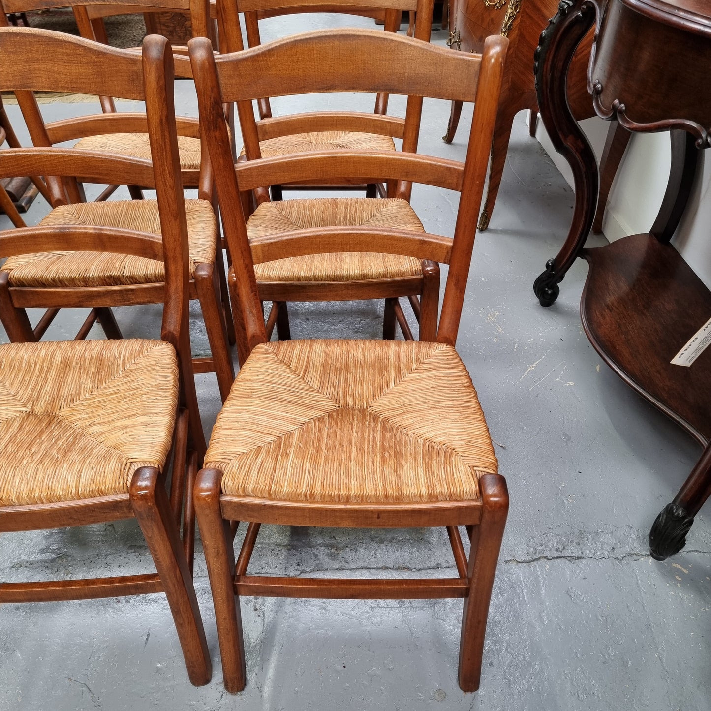 Set of Six Cherrywood French Rush Seated Dining Chairs