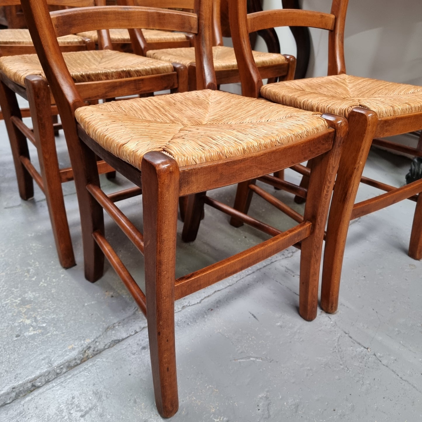 Set of Six Cherrywood French Rush Seated Dining Chairs