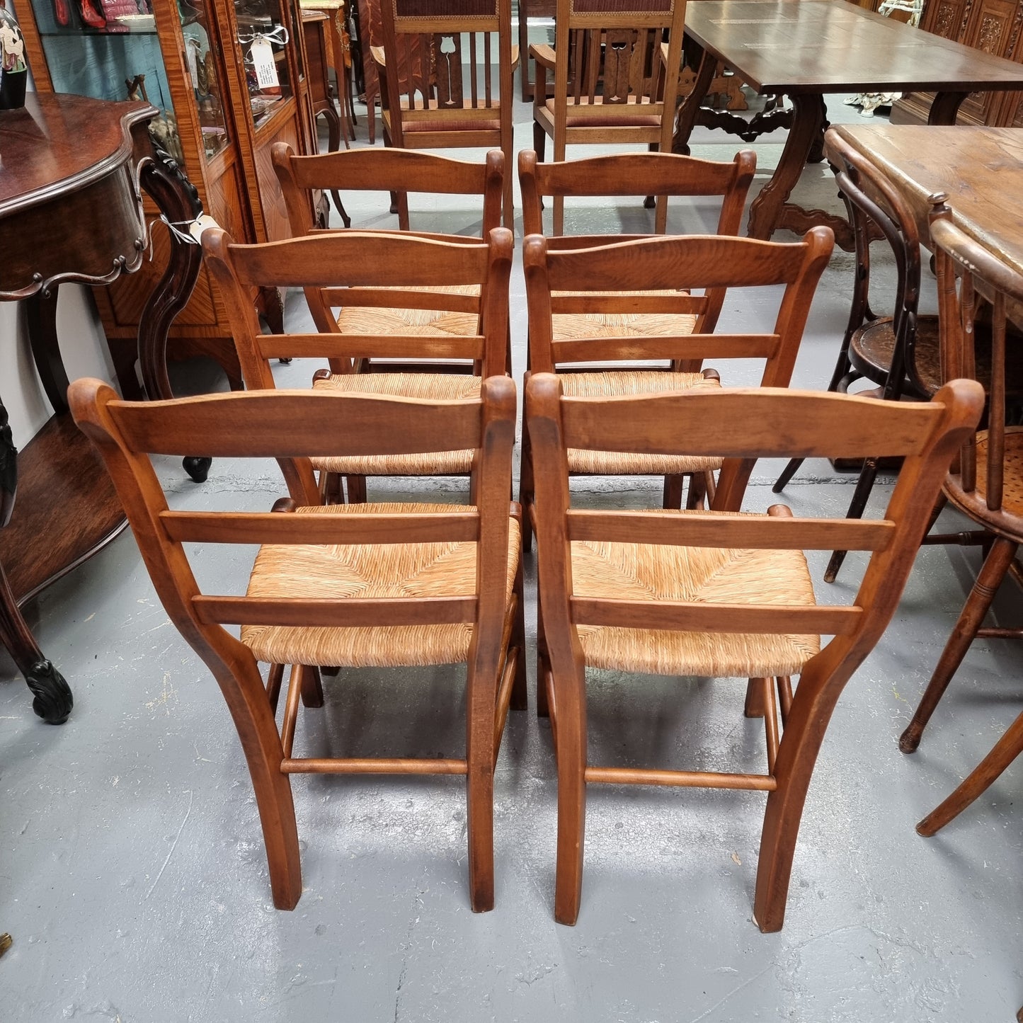 Set of Six Cherrywood French Rush Seated Dining Chairs