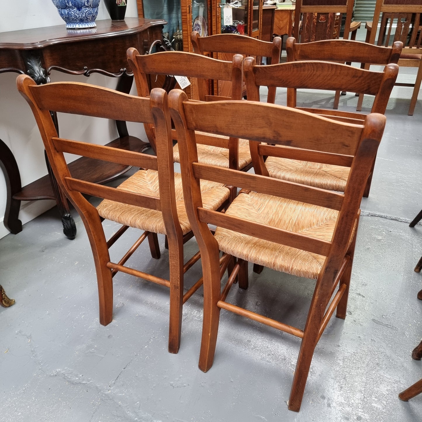 Set of Six Cherrywood French Rush Seated Dining Chairs