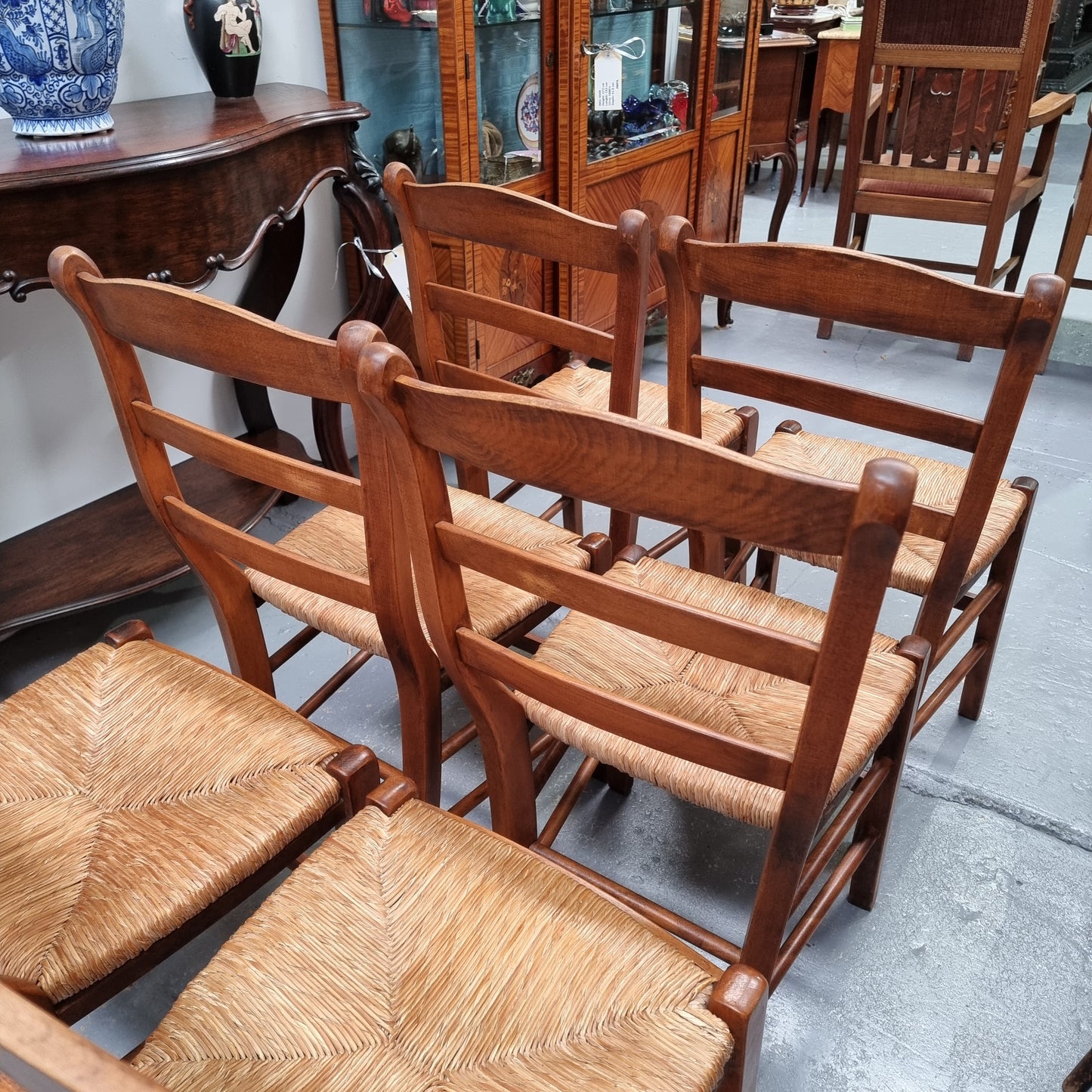 Set of Six Cherrywood French Rush Seated Dining Chairs