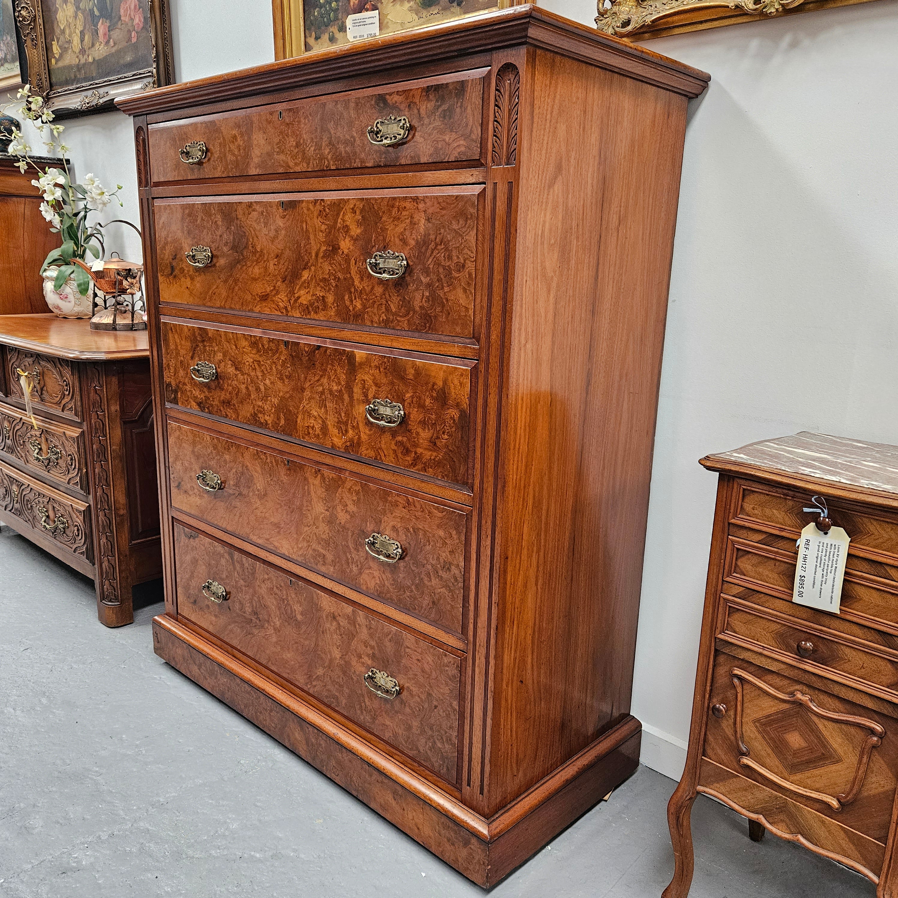 Australian Walnut & Burr Walnut Tall Drawers | Antique & Vintage | Moonee Ponds Antiques | Australia Wide Delivery
