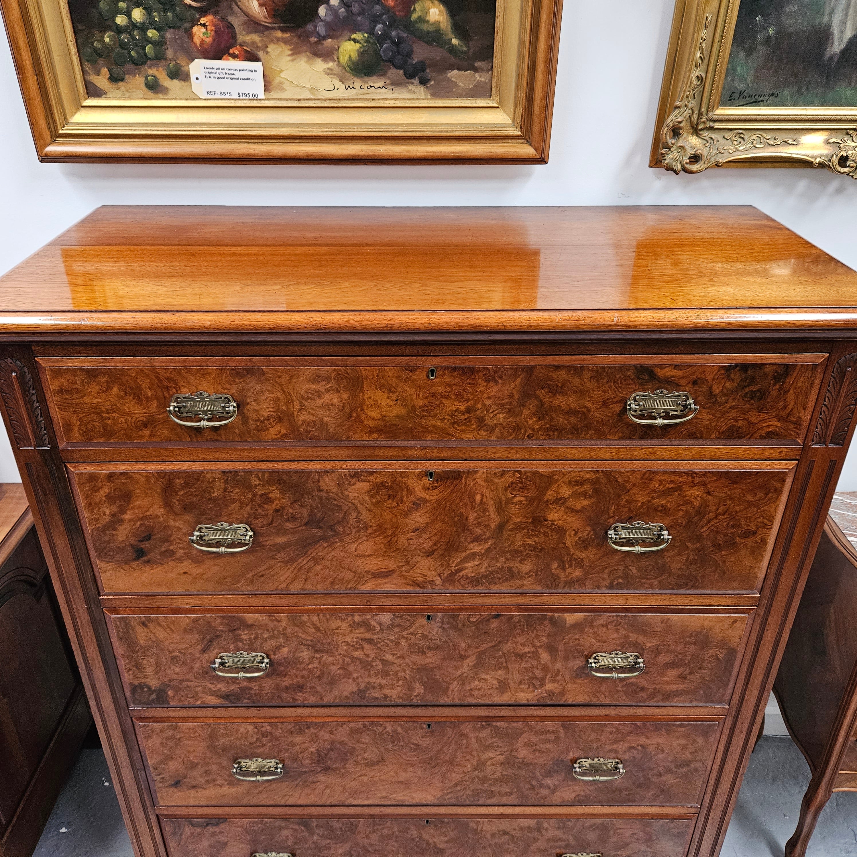 Australian Walnut & Burr Walnut Tall Drawers | Antique & Vintage | Moonee Ponds Antiques | Australia Wide Delivery