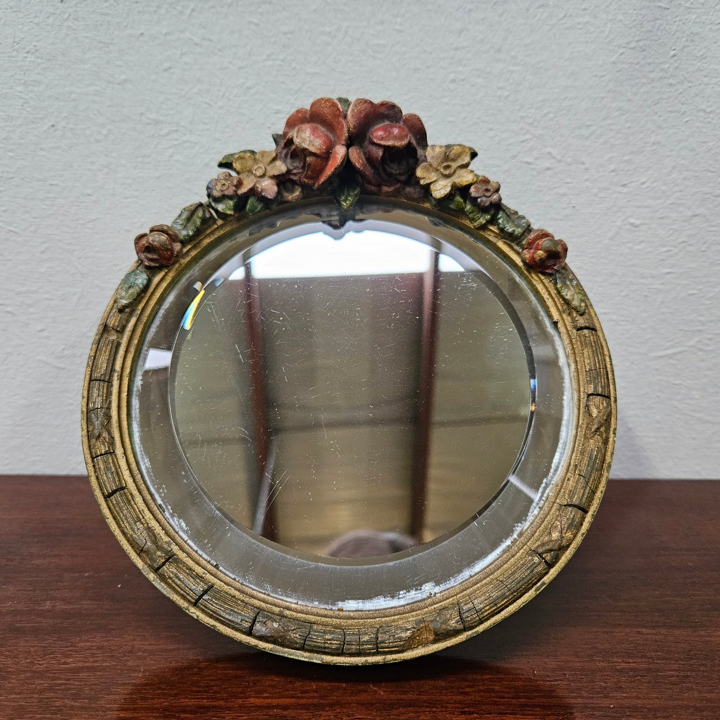 Charming Small Vintage Bevilled Glass Barbola Mirror