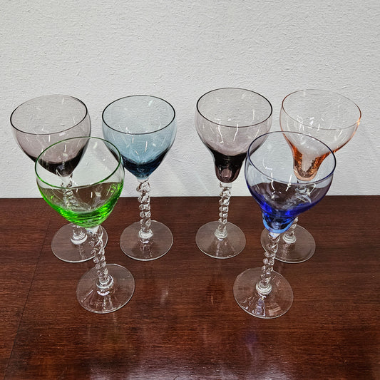 6 Vintage Coloured Wine Glasses With Twist Stems