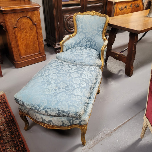 Louis XV Gilt & Blue Upholstered Bergere With Footstool