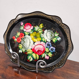 Vintage Hand Painted Tin Tray With Vibrant Flowers