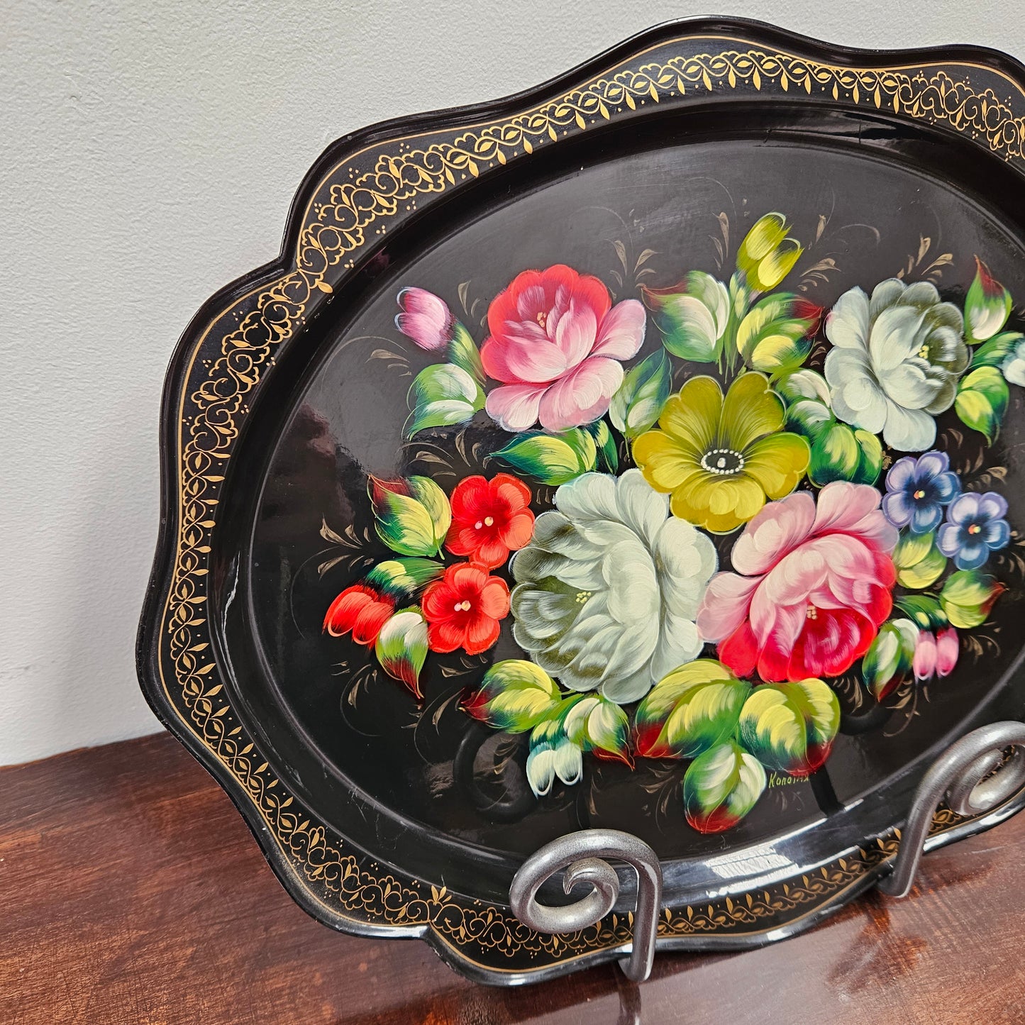 Vintage Hand Painted Tin Tray With Vibrant Flowers