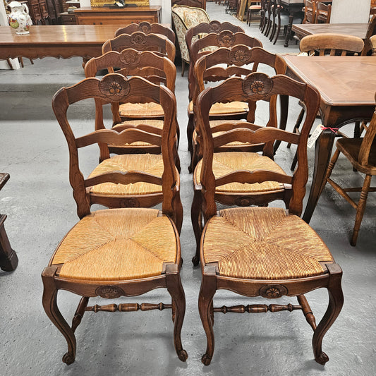 Eight French Oak Rush Seated Dining Chairs