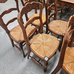 Eight French Oak Rush Seated Dining Chairs