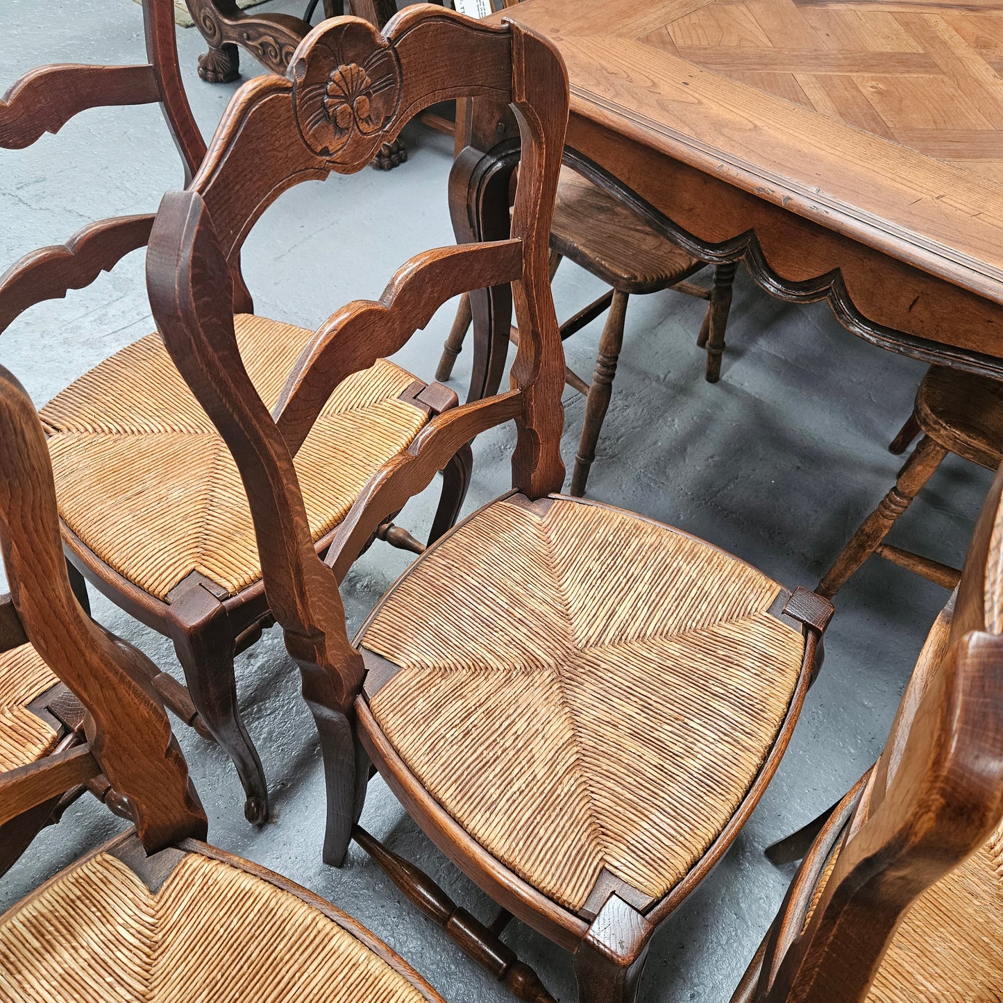 Eight French Oak Rush Seated Dining Chairs