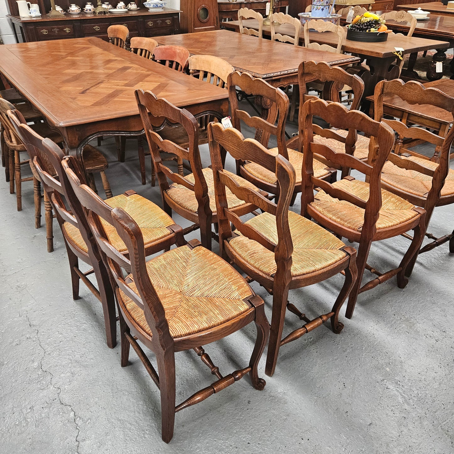 Eight French Oak Rush Seated Dining Chairs