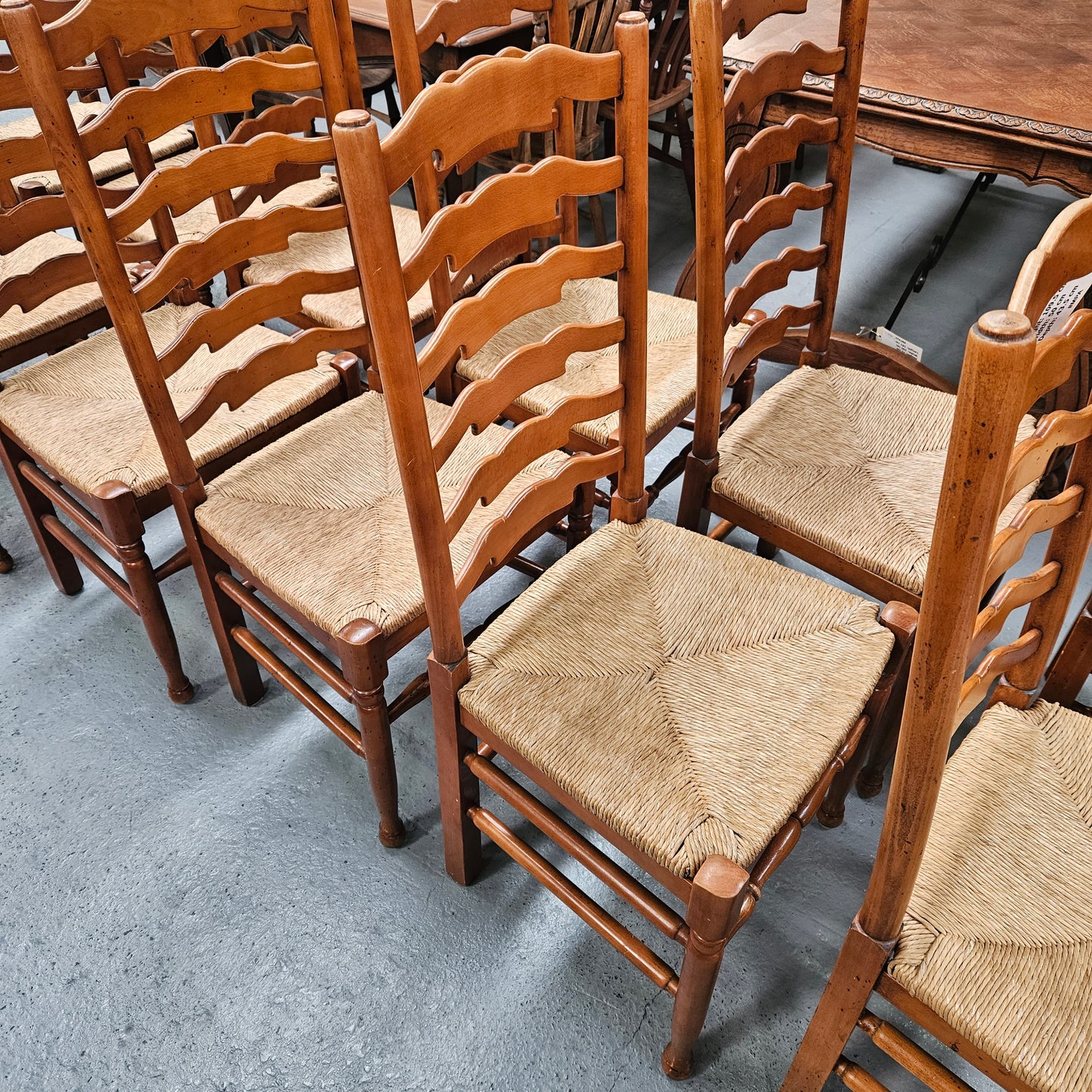 Vintage Set 12 Beech Ladderback Rush Seated Dining Chairs
