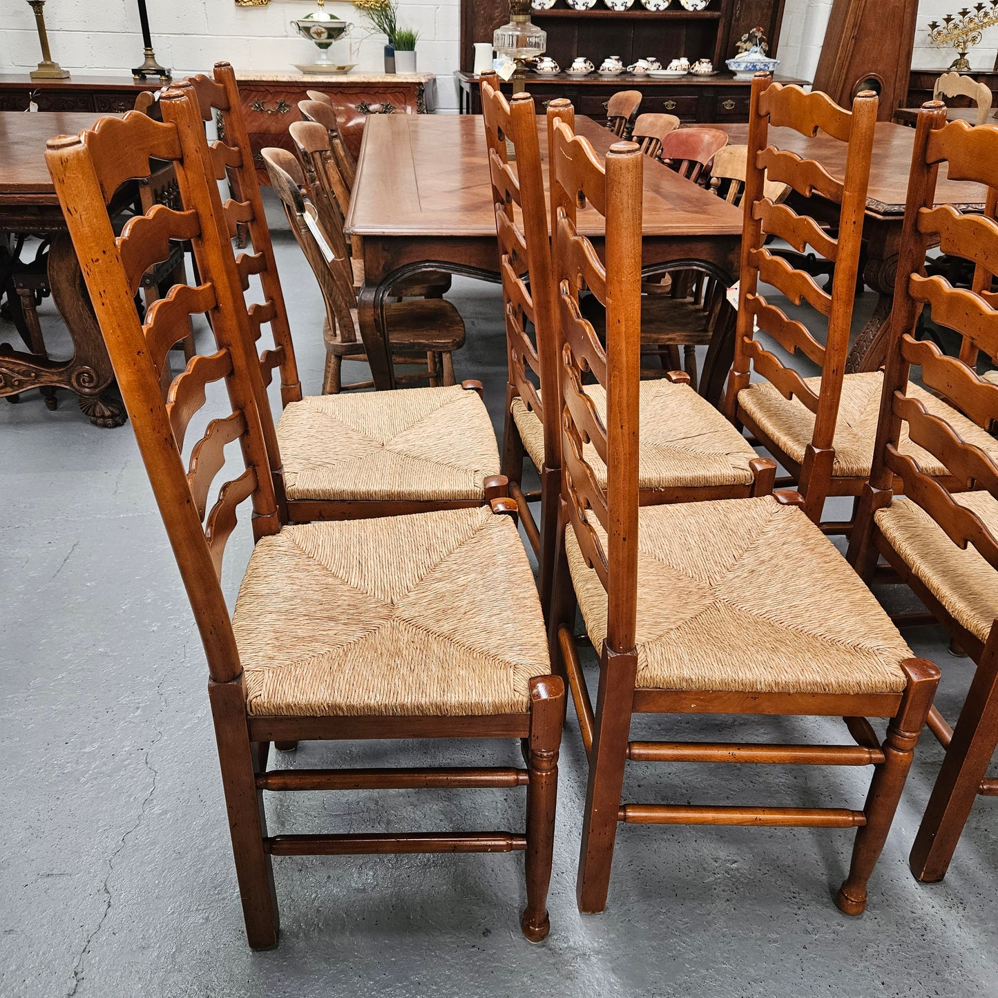 Vintage Set 12 Beech Ladderback Rush Seated Dining Chairs