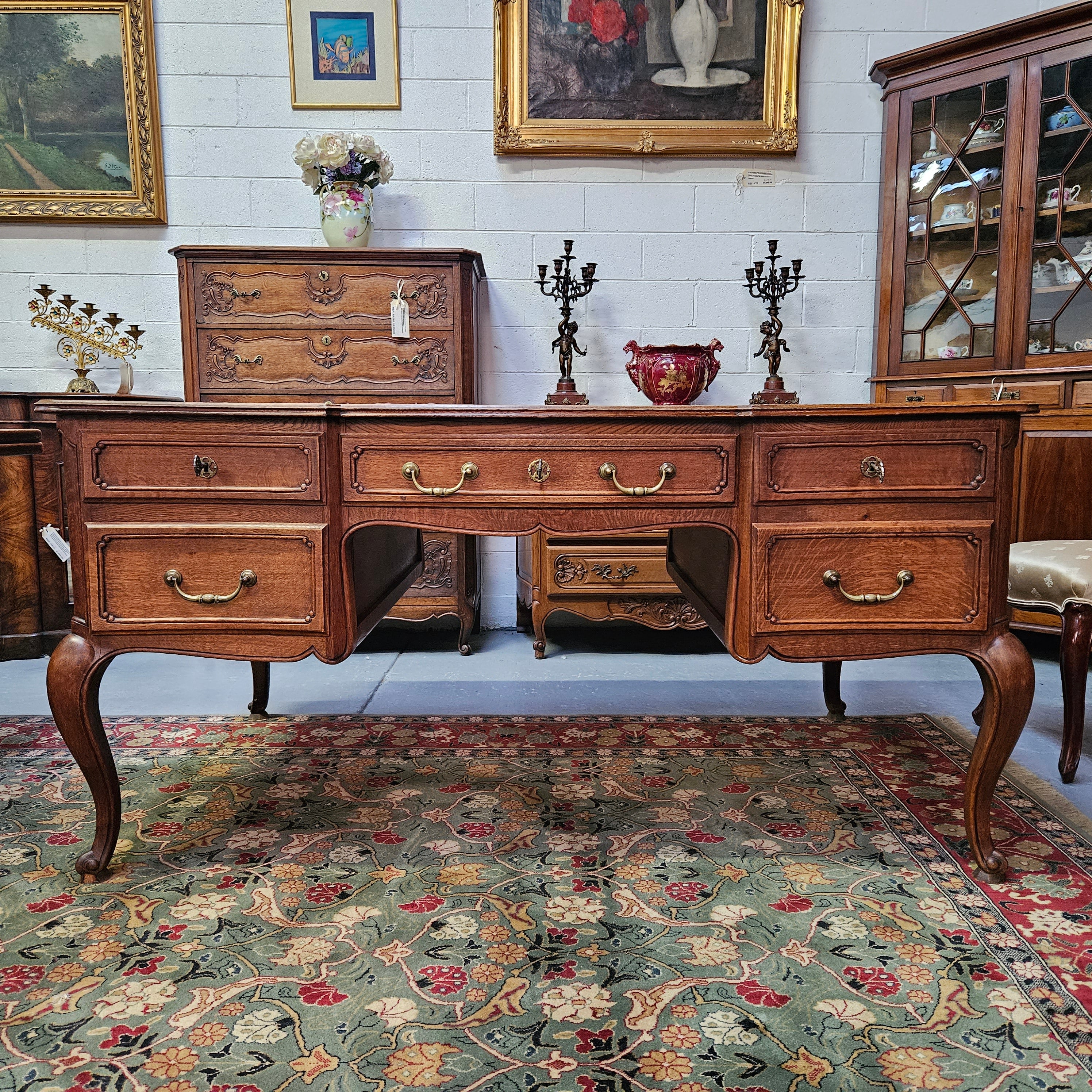 Beautiful Grand French Oak Louis XV Style Faux Partners Desk