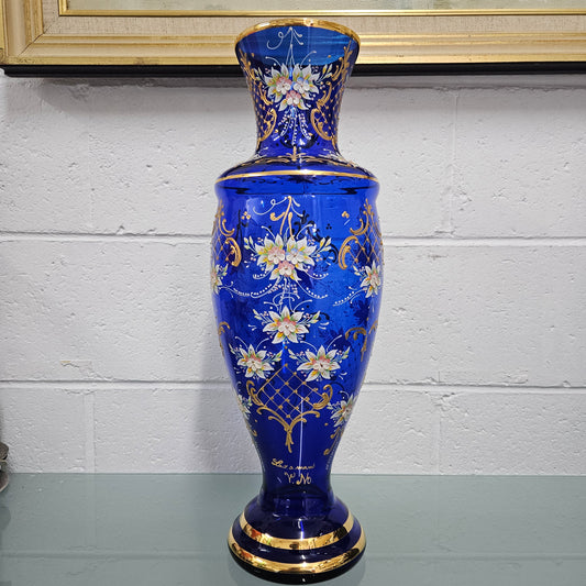 Vintage Bohemian Blue Glass Vase with Enamel & Gilt Decoration