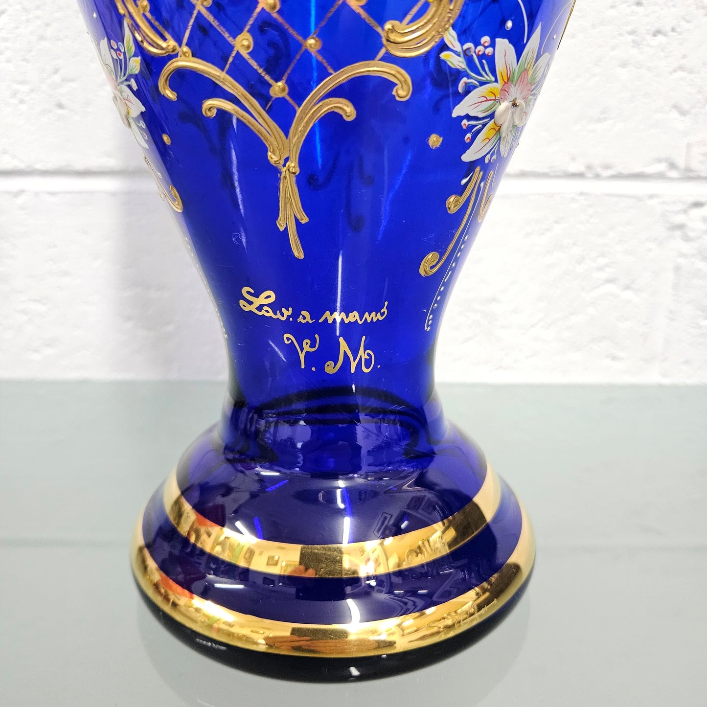 Vintage Bohemian Blue Glass Vase with Enamel & Gilt Decoration