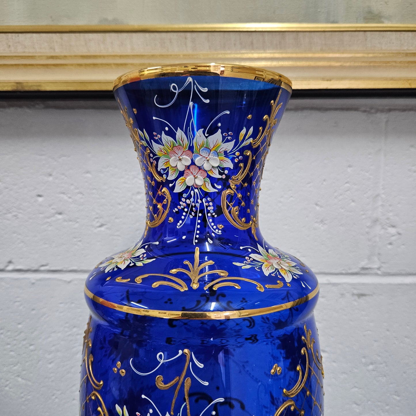 Vintage Bohemian Blue Glass Vase with Enamel & Gilt Decoration
