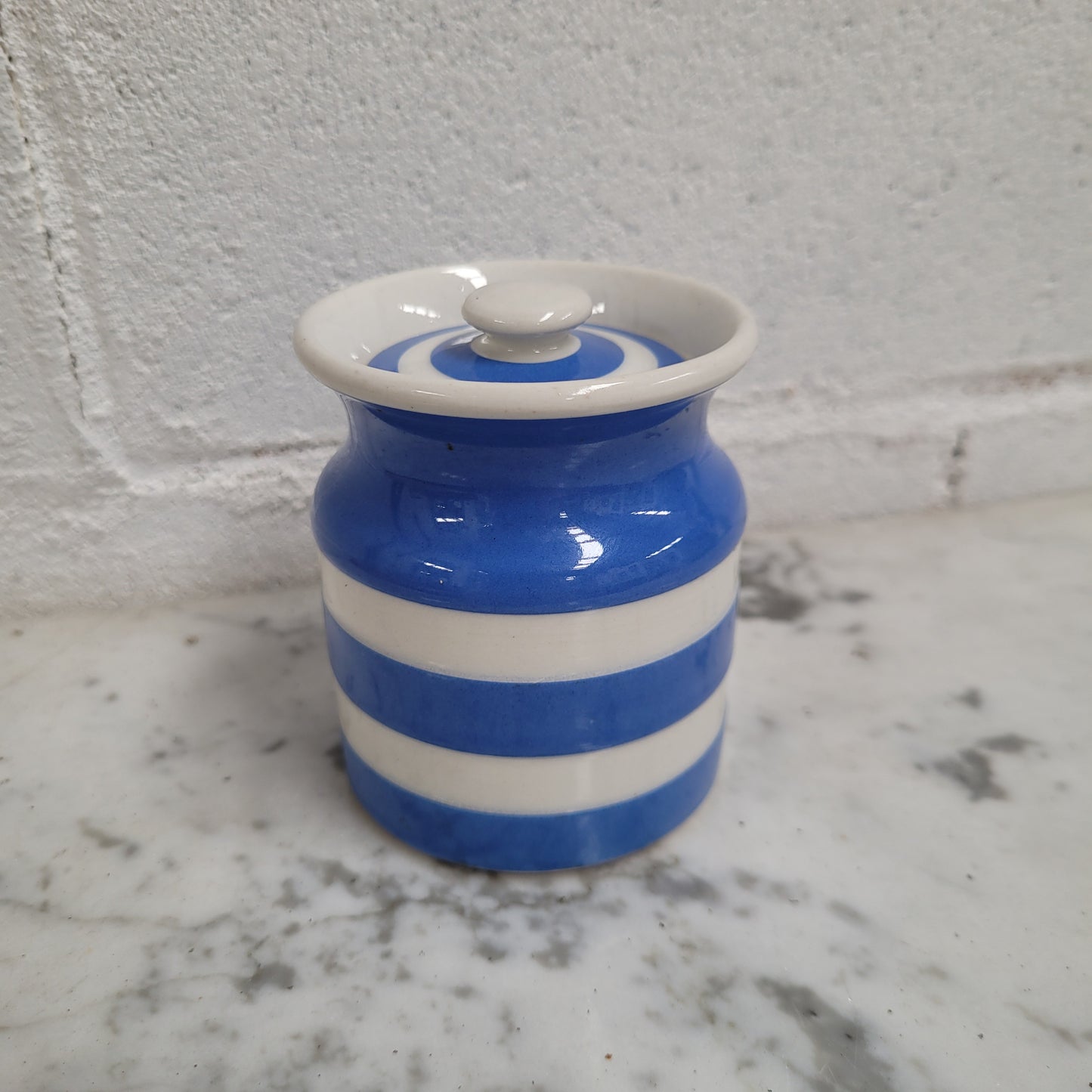 Antique Small Blue Cornishware Lidded Jar Stamped T.G Green Made in England