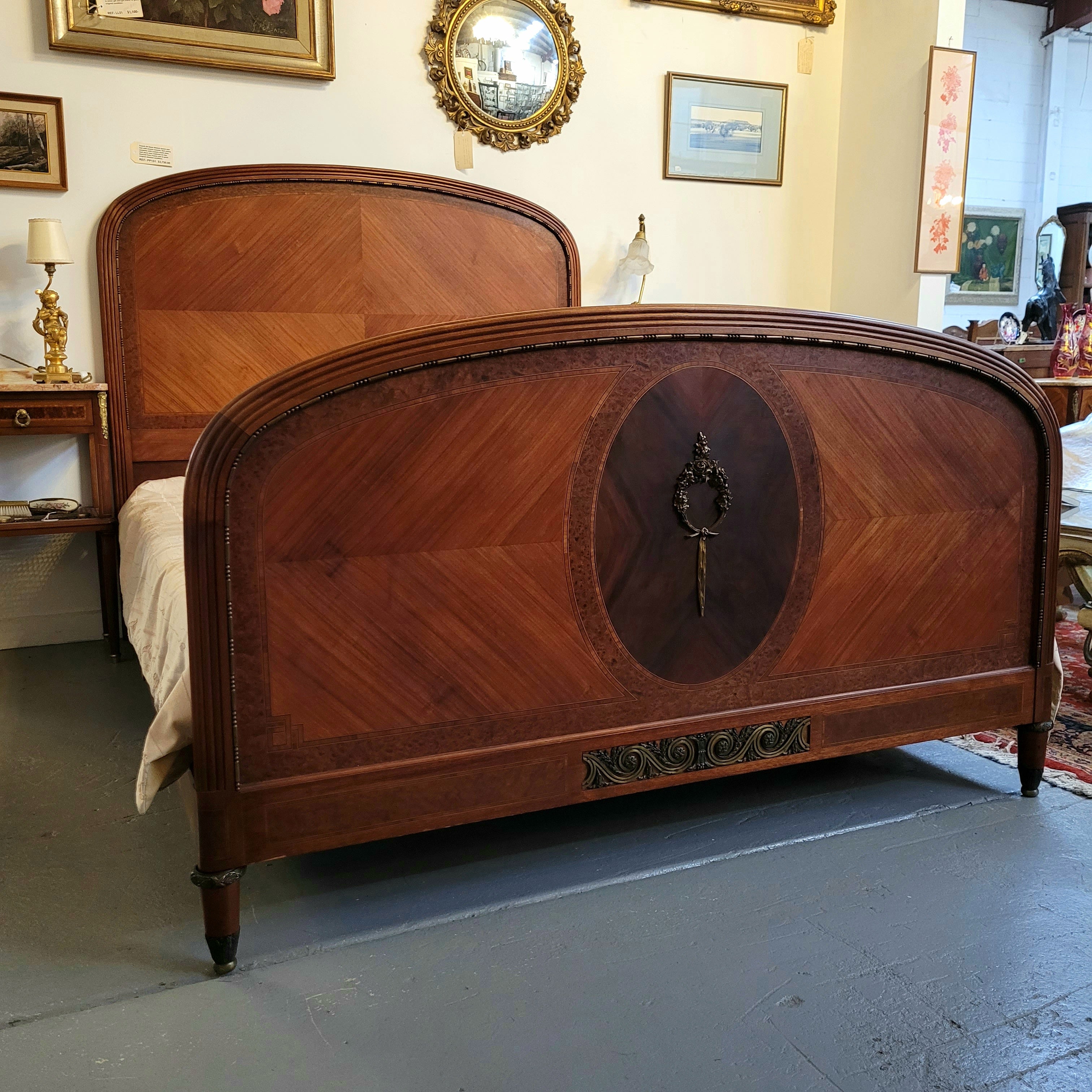Elegant French Art Deco Walnut Queen Size Bed with Bronze Mounts | Antique & Vintage | Moonee Ponds Antiques | Australia Wide Delivery