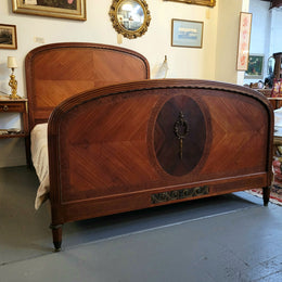Elegant French Art Deco Walnut Queen Size Bed with Bronze Mounts