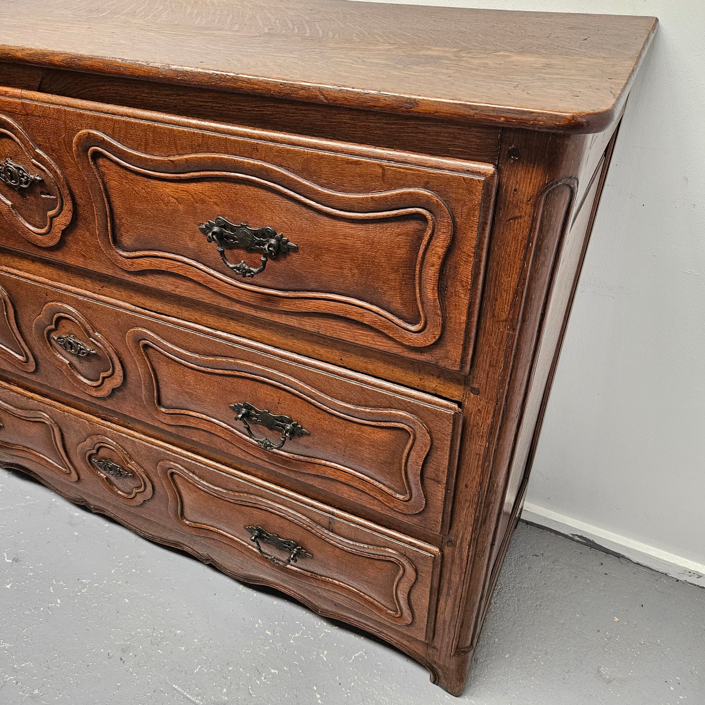 Rare Early 19th Century Narrow French Oak Wooden Top Commode
