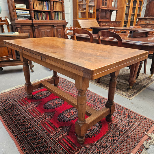 Rare and unique sized French Oak stretcher base extension dining table. Fully extended length is 253 cm, this table is in great original condition. Sourced from France. Please see photos as they form part of the description.