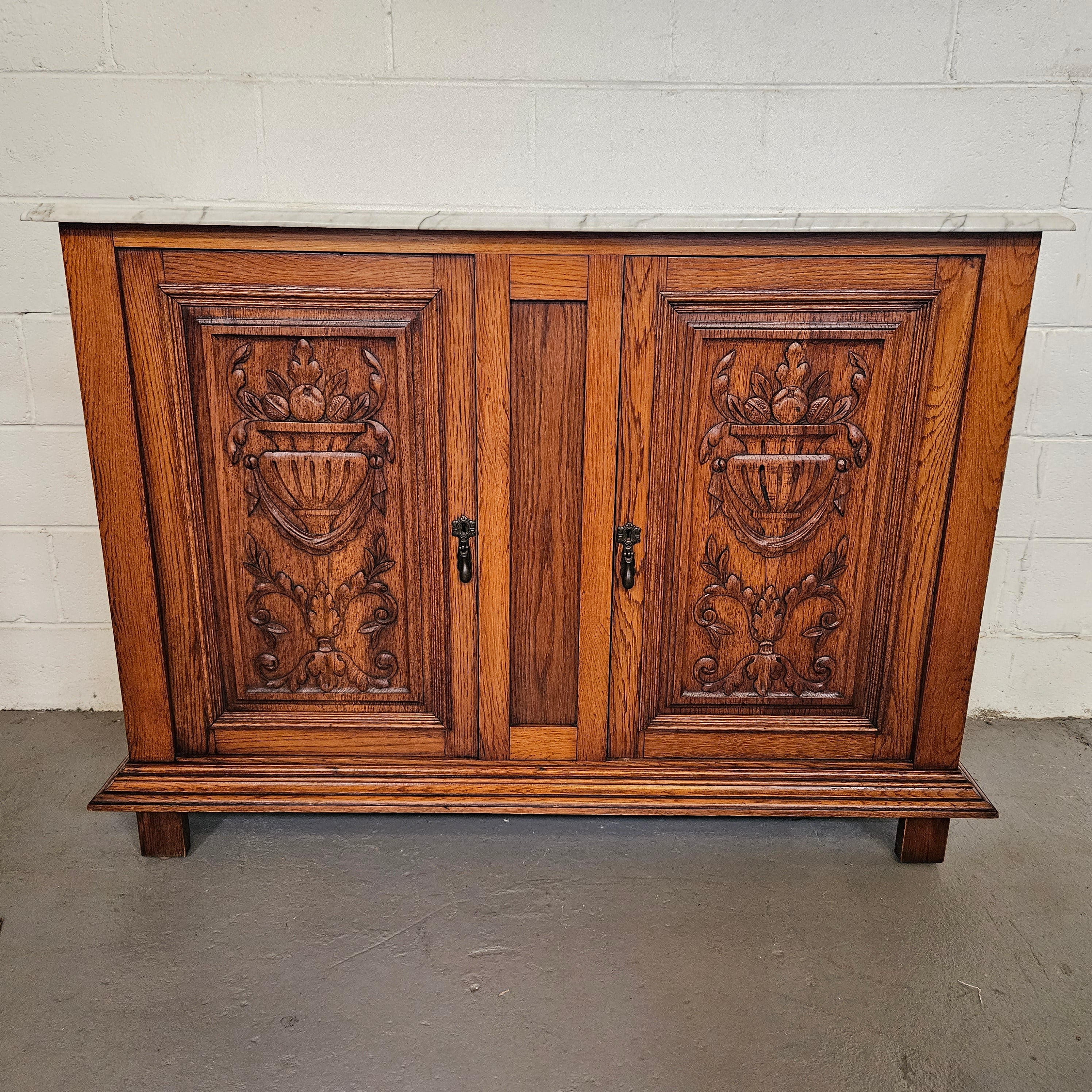 French Oak Carved Door Cupboard With Marble Top | Antique & Vintage | Moonee Ponds Antiques | Australia Wide Delivery