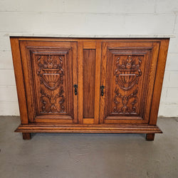 French Oak Carved Door Cupboard With Marble Top | Antique & Vintage | Moonee Ponds Antiques | Australia Wide Delivery
