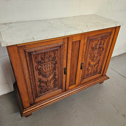 French Oak Carved Door Cupboard With Marble Top