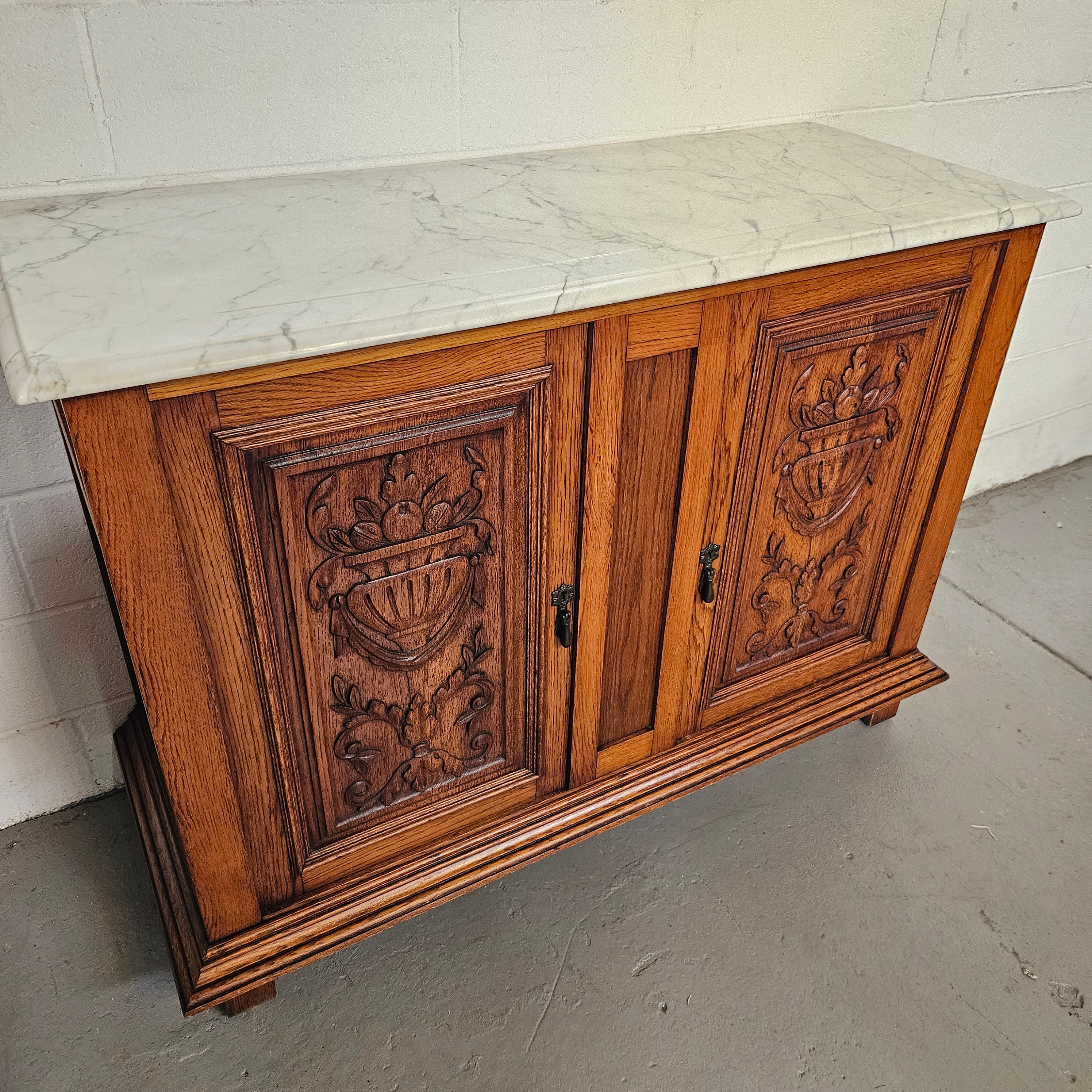 French Oak Carved Door Cupboard With Marble Top | Antique & Vintage | Moonee Ponds Antiques | Australia Wide Delivery