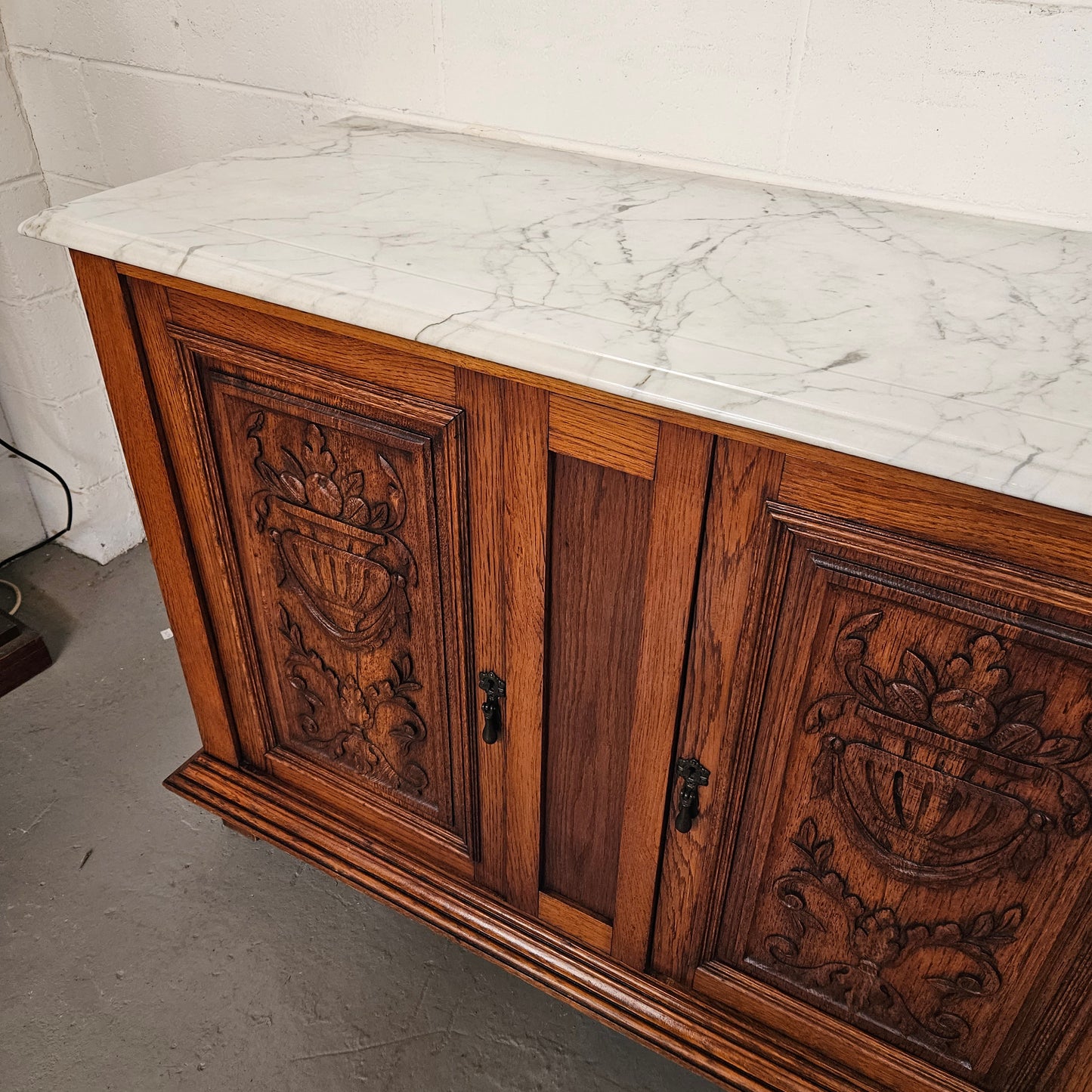French Oak Carved Door Cupboard With Marble Top