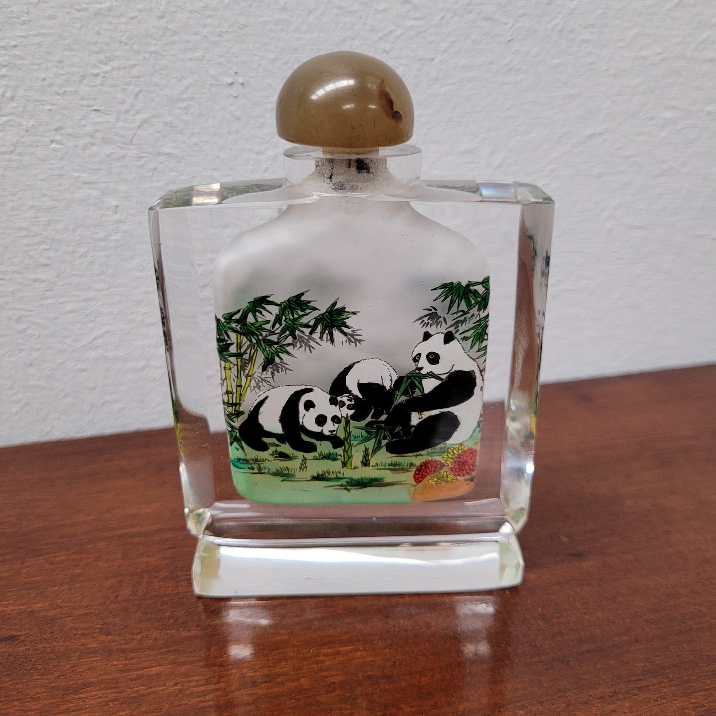 Reverse Chinese Hand Painted Glass Panda Snuff Bottle