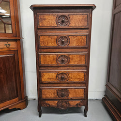 French Normandy Style Oak & Elm Chest of Five Drawers | Antique & Vintage | Moonee Ponds Antiques | Australia Wide Delivery