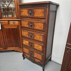 French Normandy Style Oak & Elm Chest of Five Drawers | Antique & Vintage | Moonee Ponds Antiques | Australia Wide Delivery