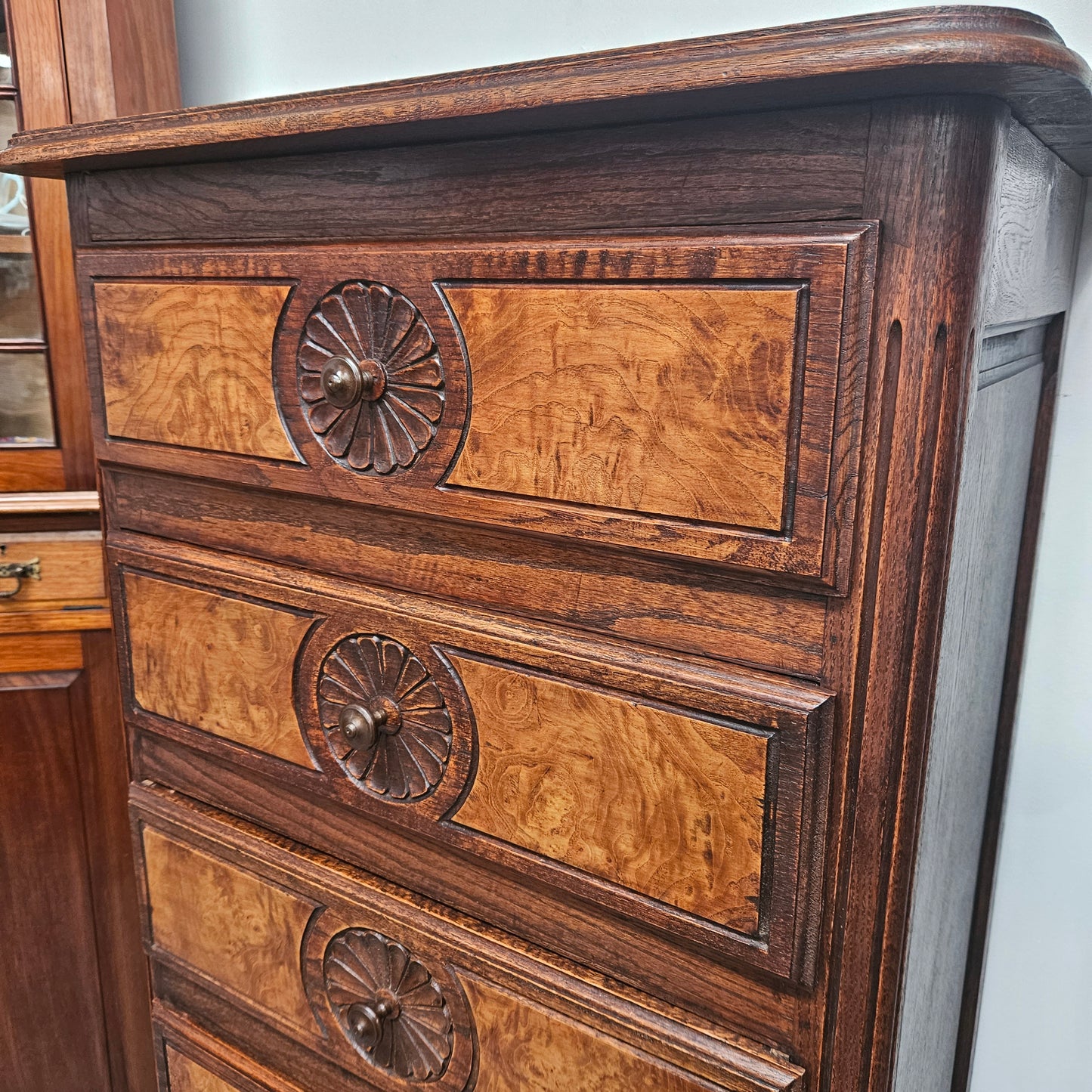 French Normandy Style Oak & Elm Chest of Five Drawers