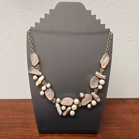 Rose Quartz, Pearl Necklace in Sterling Silver