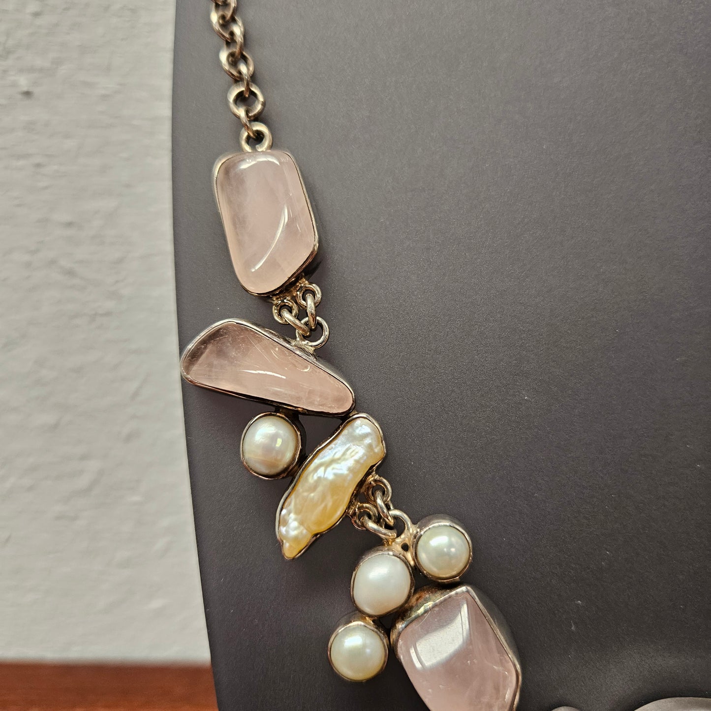 Rose Quartz, Pearl Necklace in Sterling Silver