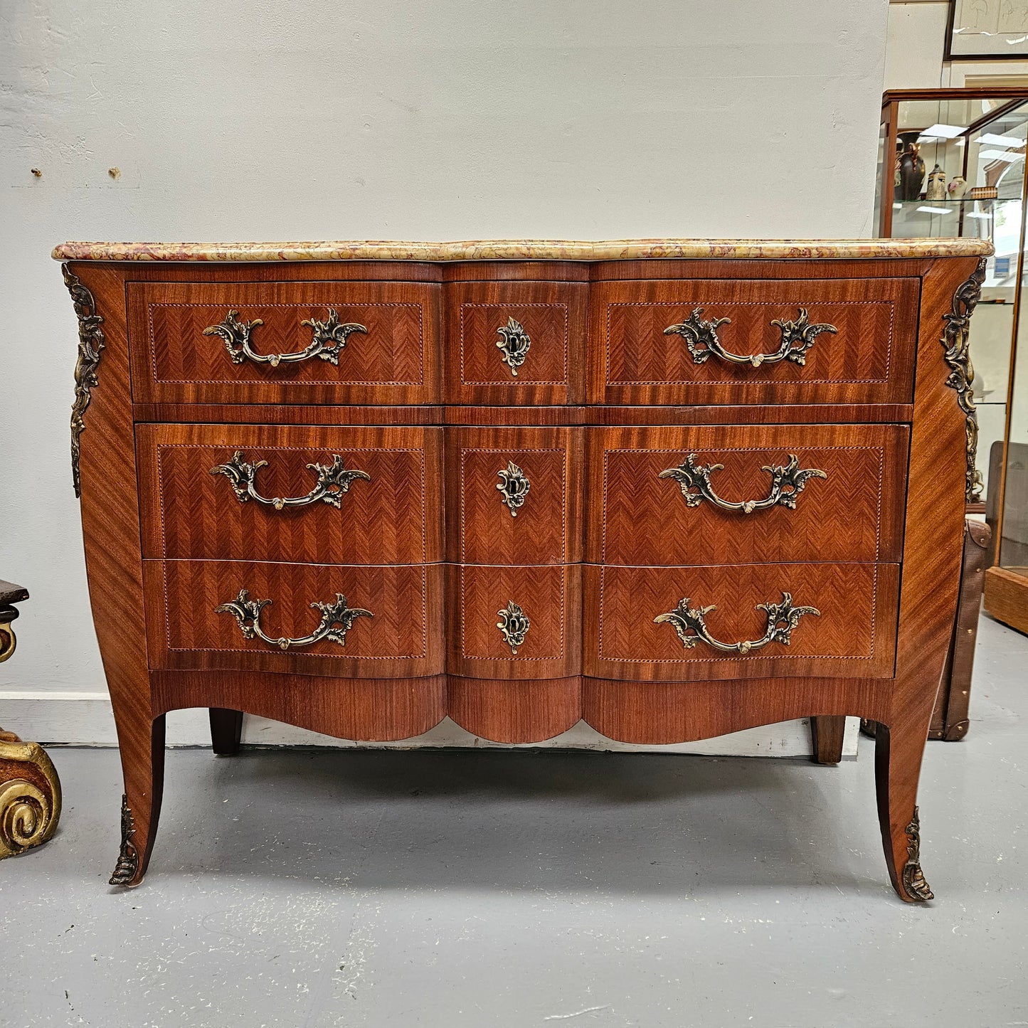 Grand Louis XV Style Marble Top Three Drawer Commode