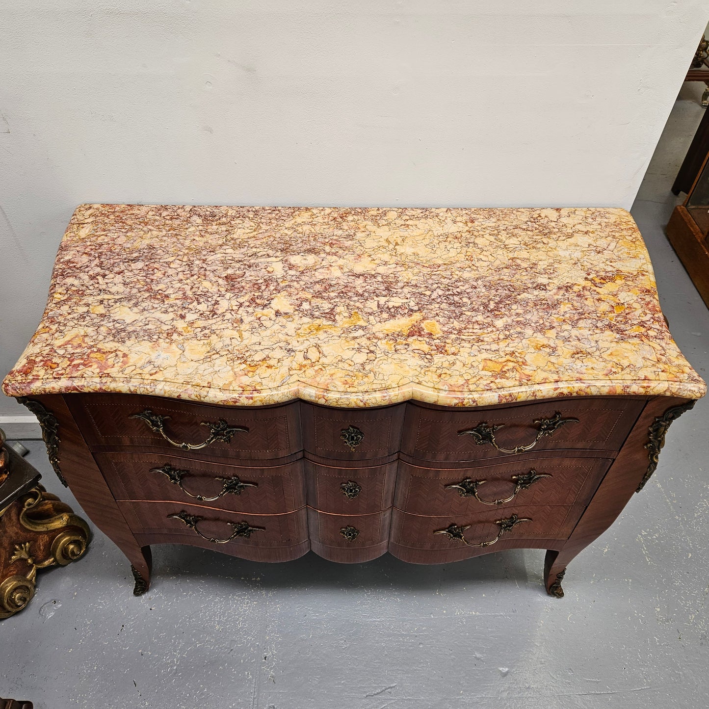 Grand Louis XV Style Marble Top Three Drawer Commode