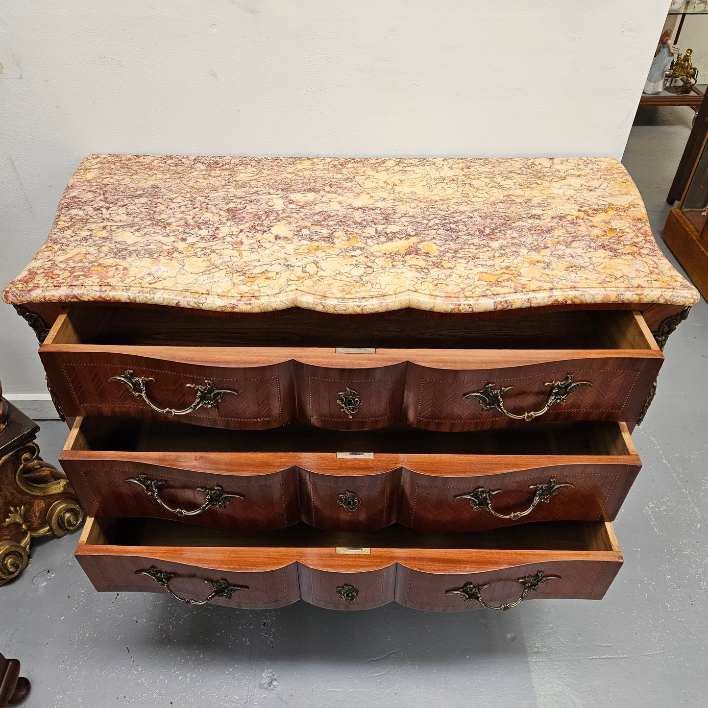 Grand Louis XV Style Marble Top Three Drawer Commode