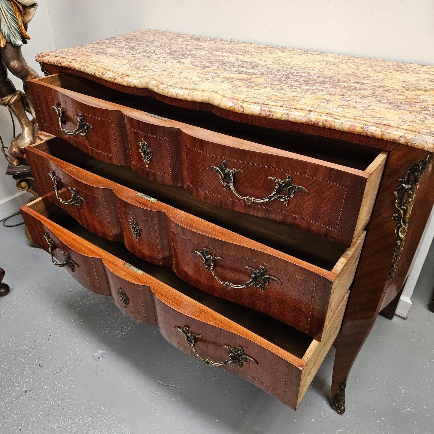 Grand Louis XV Style Marble Top Three Drawer Commode