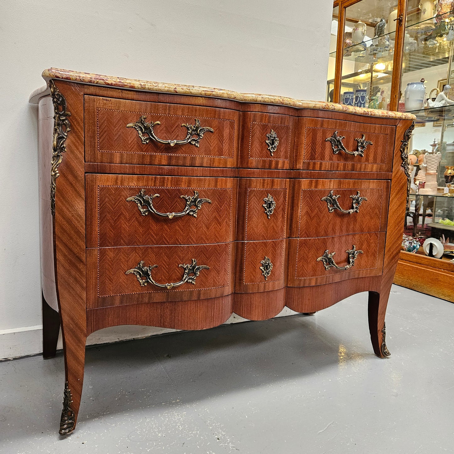 Grand Louis XV Style Marble Top Three Drawer Commode