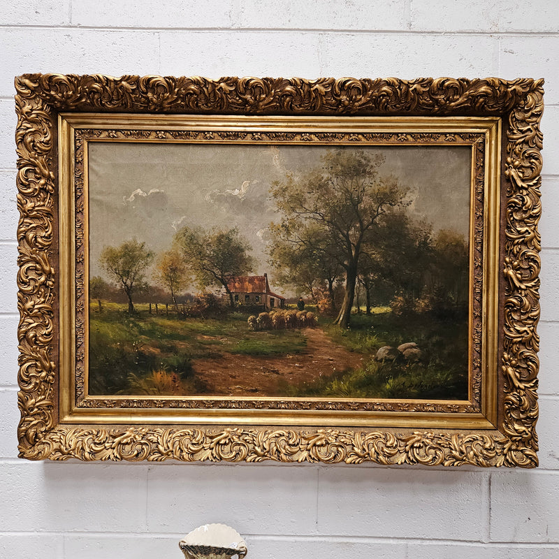 Beautiful Dutch oil on canvas painting sourced in France. Pretty country scene with sheep in an ornate decorative frame and signed by the artist. In good original detailed condition. Please see photos as they form part of the description.