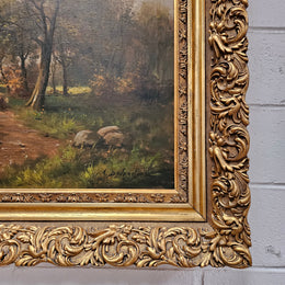 Beautiful Dutch oil on canvas painting sourced in France. Pretty country scene with sheep in an ornate decorative frame and signed by the artist. In good original detailed condition. Please see photos as they form part of the description.