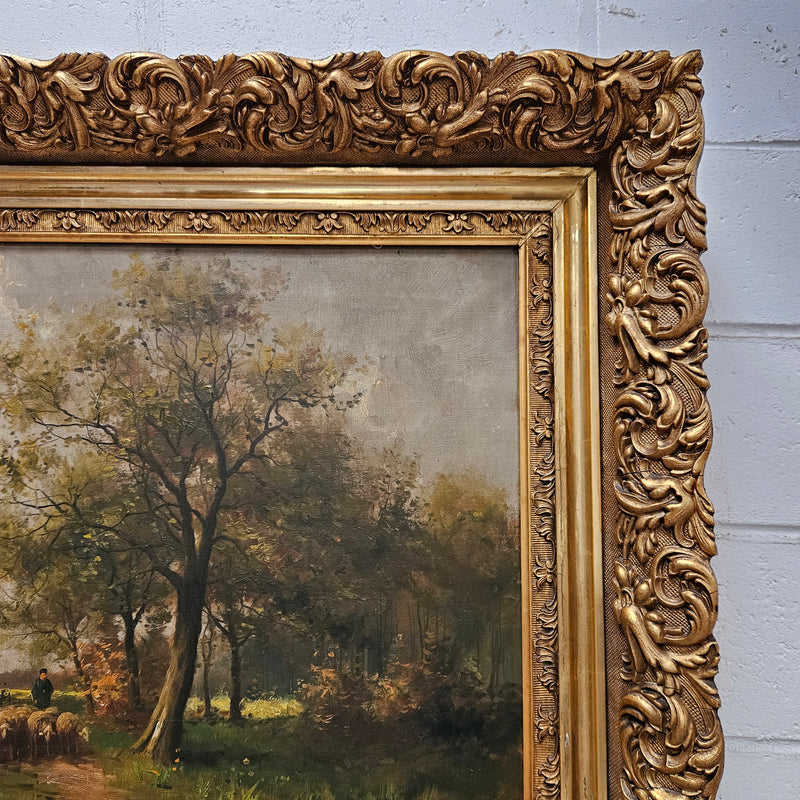 Beautiful Dutch oil on canvas painting sourced in France. Pretty country scene with sheep in an ornate decorative frame and signed by the artist. In good original detailed condition. Please see photos as they form part of the description.